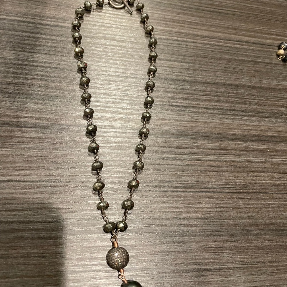 Silver Beaded Necklace with Circular Pendant 16” plus drop
